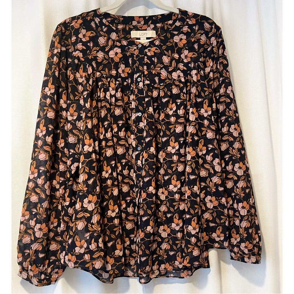 LOFT Flowy Blouse - Blue with Orange flowers